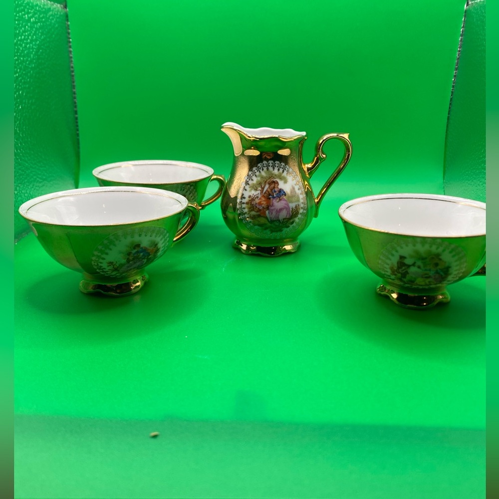 Vintage Bavarian Porcelain Creamer & Three Teacups